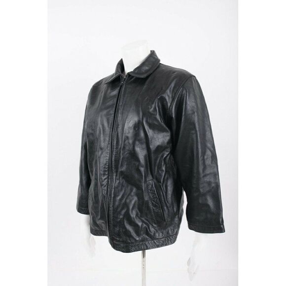 Vintage Gap Womans Black Leather Jacket Coat Size L Full Zip Collared Biker Moto - Picture 2 of 6